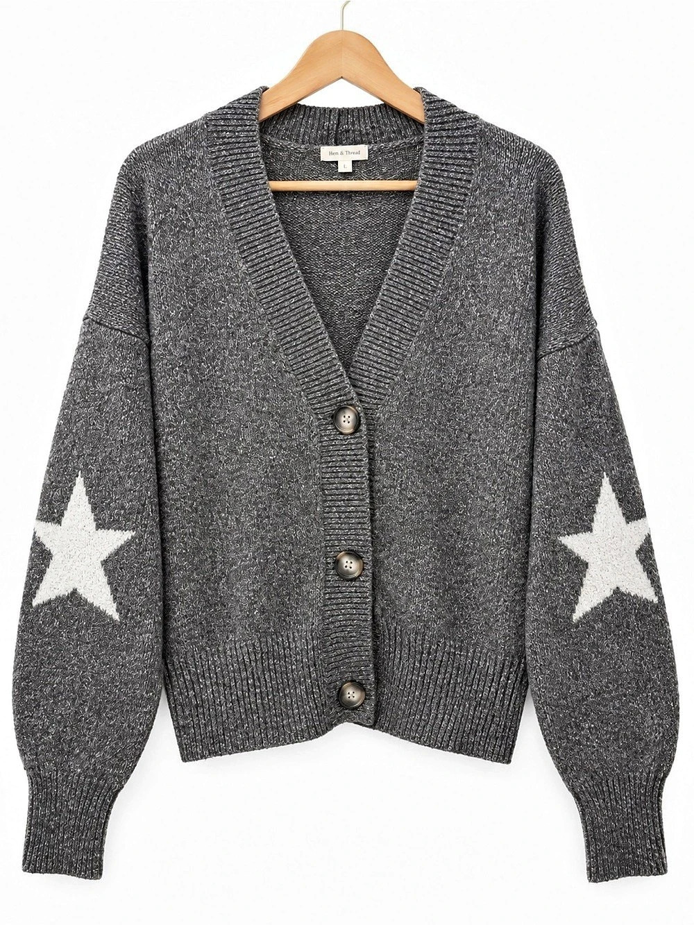 Hem & Thread Star Sleeve Button Front Cardigan Gray Size Large